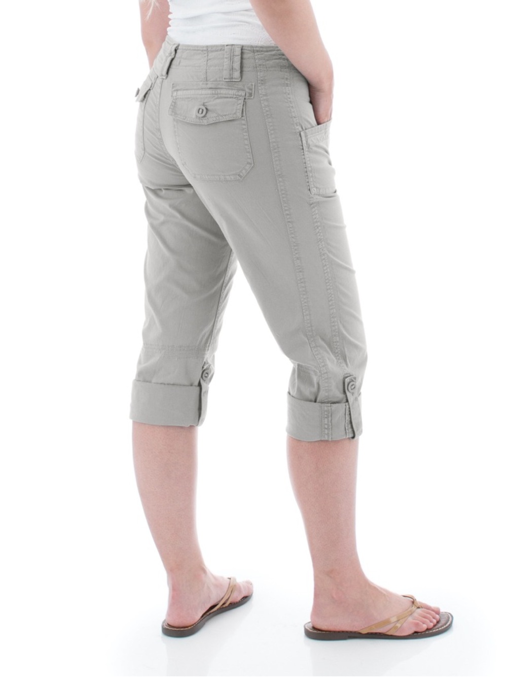 AVENTURA organic cotton Arden adjustable button tab Capri pants taupe stretchy 8